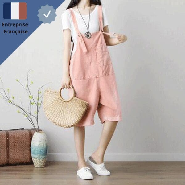 salopette-coton-short-rose