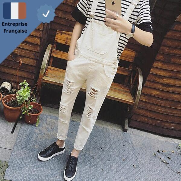 salopette-en-jean-beige-dechire Salopette en Jean Beige Déchirée