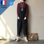 Salopette Noire Velours Côtelé avec Poche
