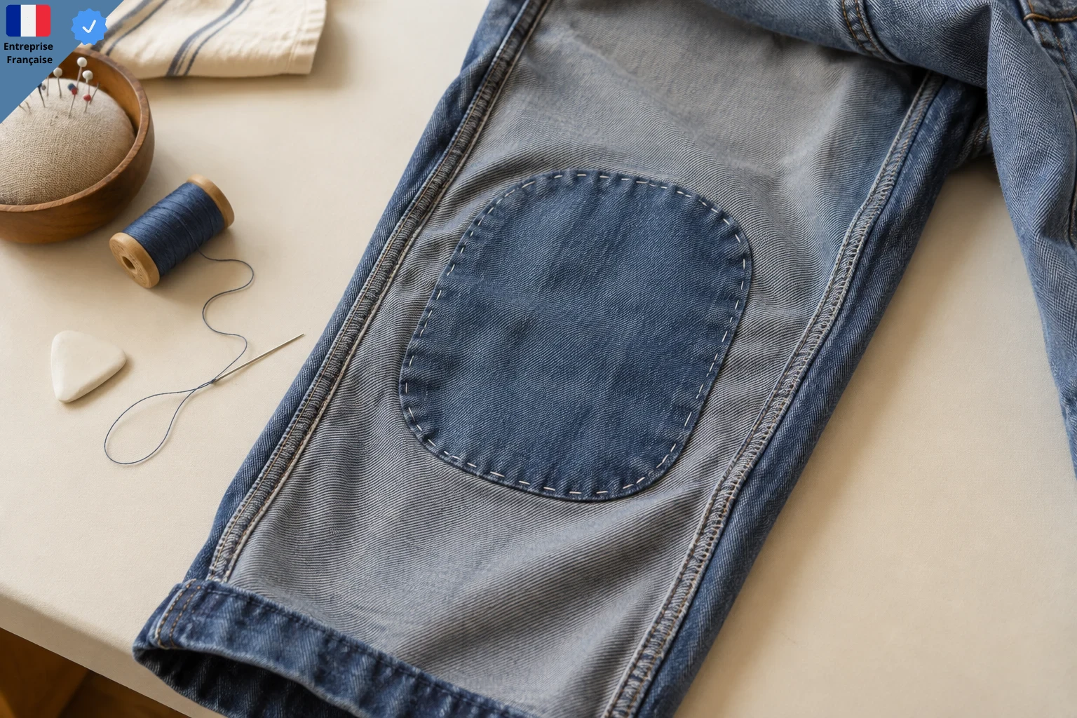 Renfort ovale cousu sur l’envers du genou d’une salopette en denim