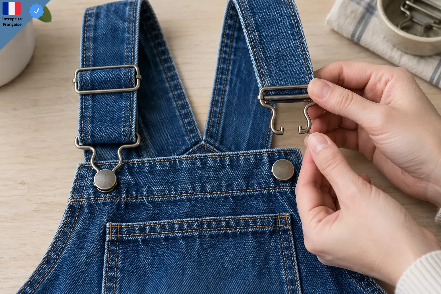 Crochet métallique neuf présenté devant les bretelles d’une salopette en denim
