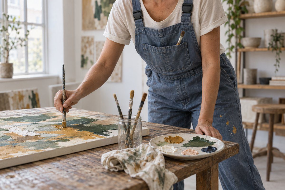 Personne en salopette d’atelier bleue penchée sur une toile peinte à l’acrylique