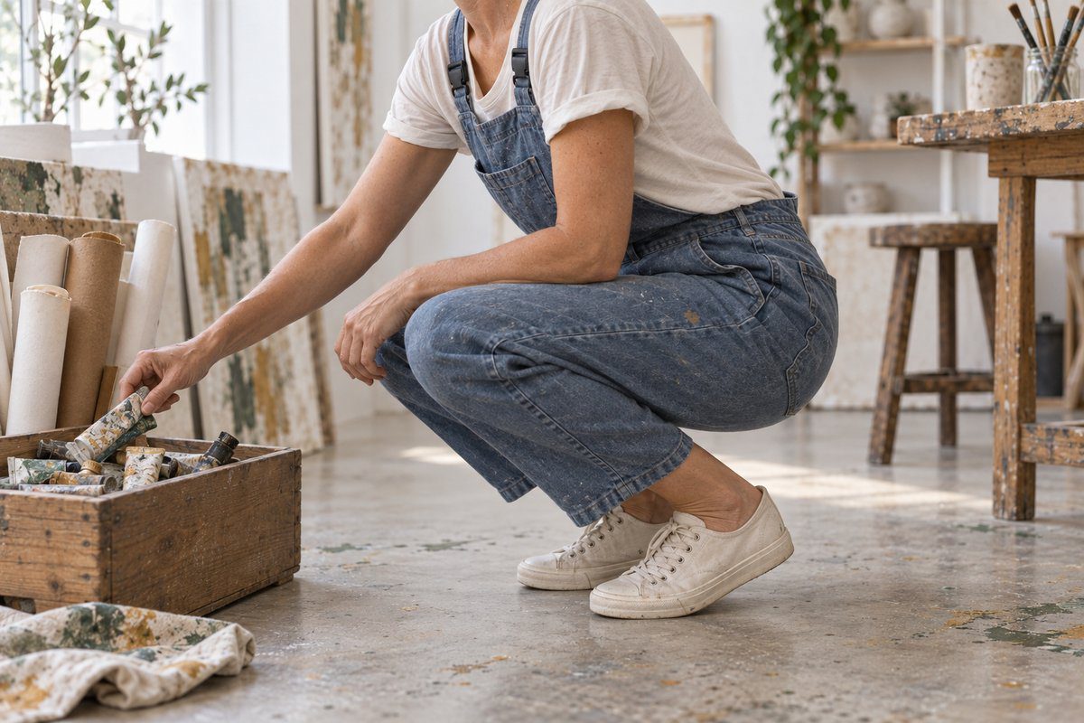 Personne accroupie en salopette d’atelier ample, bretelles en place, dans un atelier lumineux