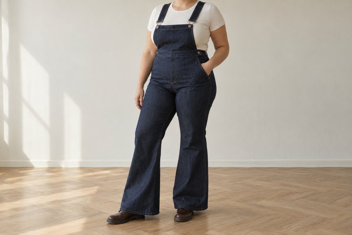 Femme ronde en salopette en jean foncé taille haute à jambe évasée