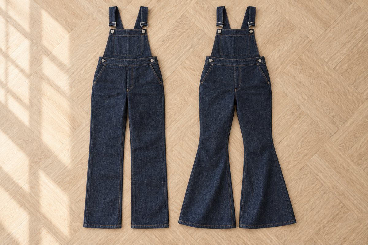 Deux salopettes en jean à plat, jambe droite et jambe évasée côte à côte