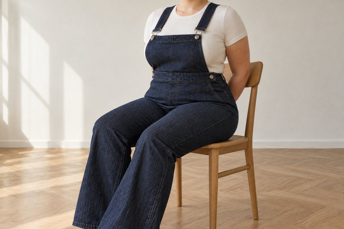 Femme ronde assise en salopette en jean sans pli de tension à la taille