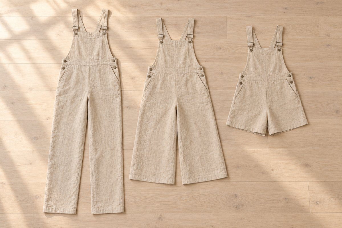 Trois salopettes en lin sable à plat : longue droite, large 7/8 et short