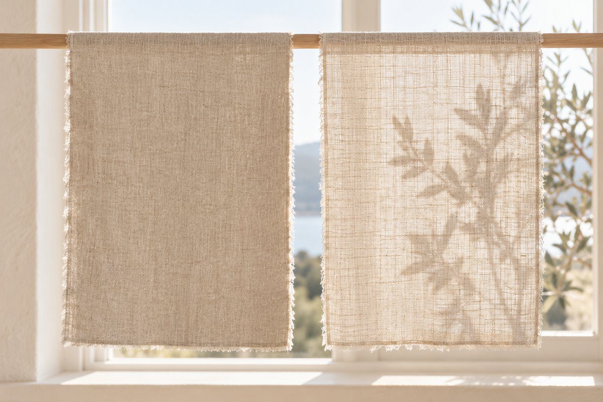 Deux toiles de lin écru en contre-jour, l'une opaque, l'autre transparente